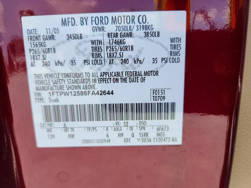 2006 Ford F150 მანქანა იყიდება აუქციონზე, vin: 1FTPW12586FA42644, აუქციონის ნომერი: 56490836