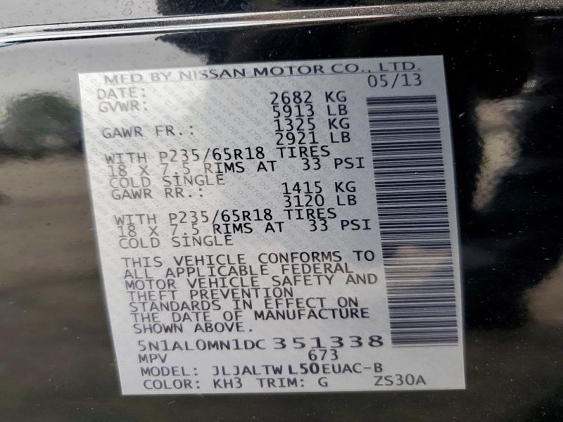 58055936 :رقم المزاد ، 5N1AL0MN1DC351338 vin ، 2013 Infiniti Jx35 مزاد بيع