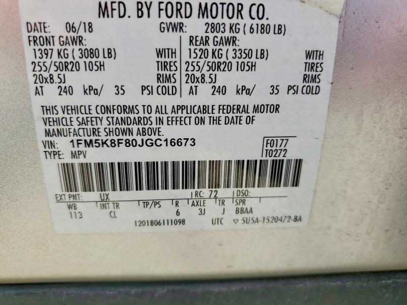 57958196 :رقم المزاد ، 1FM5K8F80JGC16673 vin ، 2018 Ford Explorer مزاد بيع
