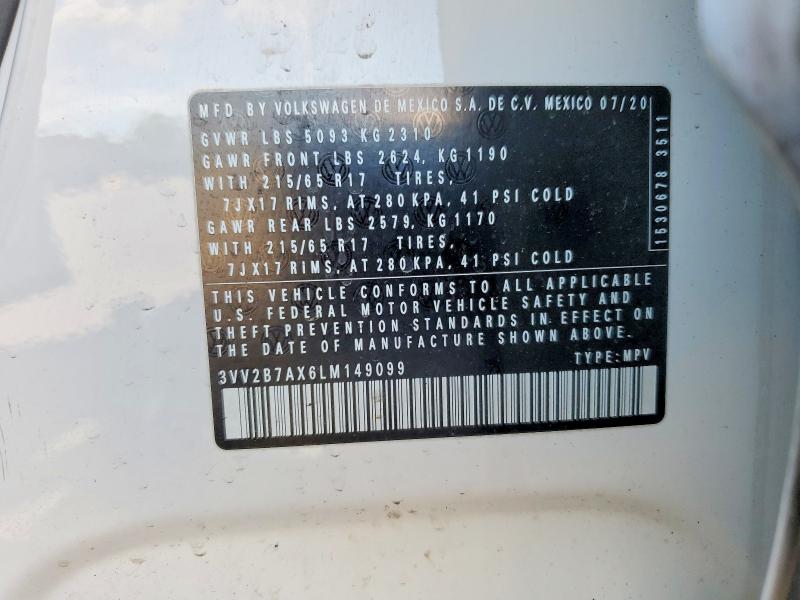 2020 Volkswagen Tiguan მანქანა იყიდება აუქციონზე, vin: 3VV2B7AX6LM149099, აუქციონის ნომერი: 57234616