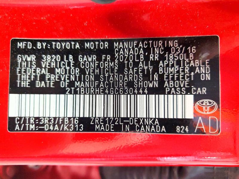 Aukcja sprzedaży 2016 Toyota Corolla, vin: 2T1BURHE4GC630444, numer aukcji: 58713326