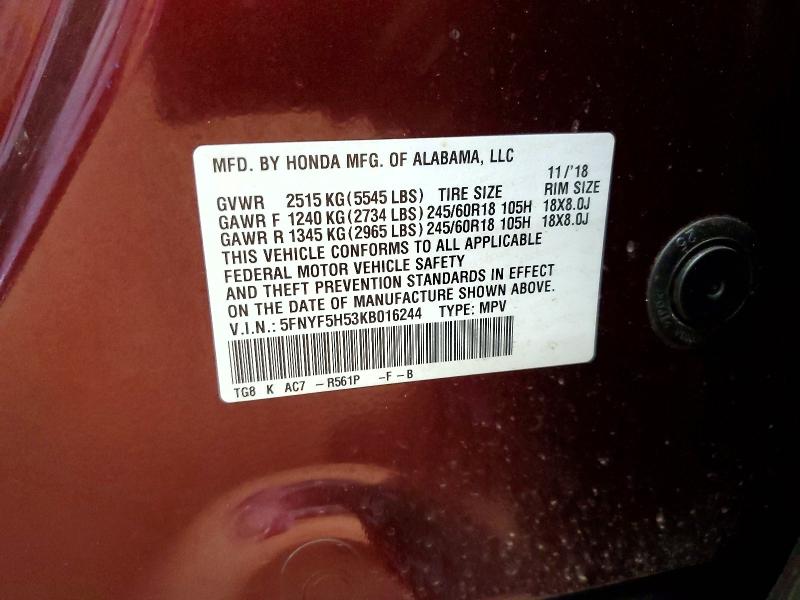 Aukcja sprzedaży 2019 Honda Pilot, vin: 5FNYF5H53KB016244, numer aukcji: 56228036