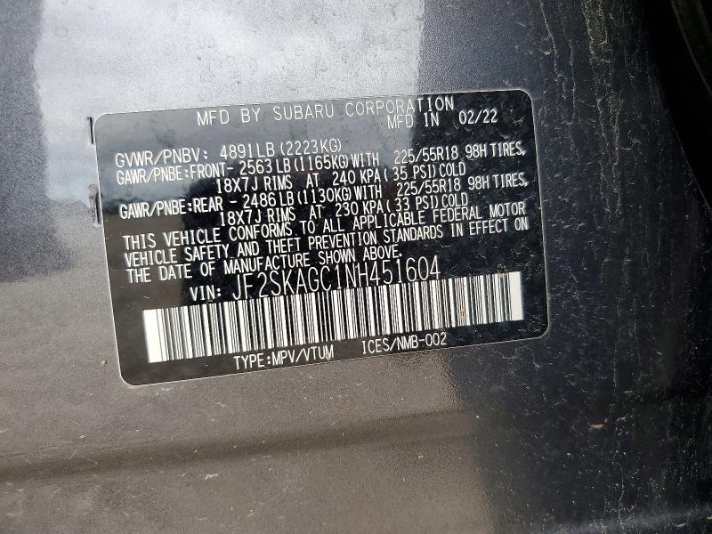 57469316 :رقم المزاد ، JF2SKAGC1NH451604 vin ، 2022 Subaru Forester مزاد بيع
