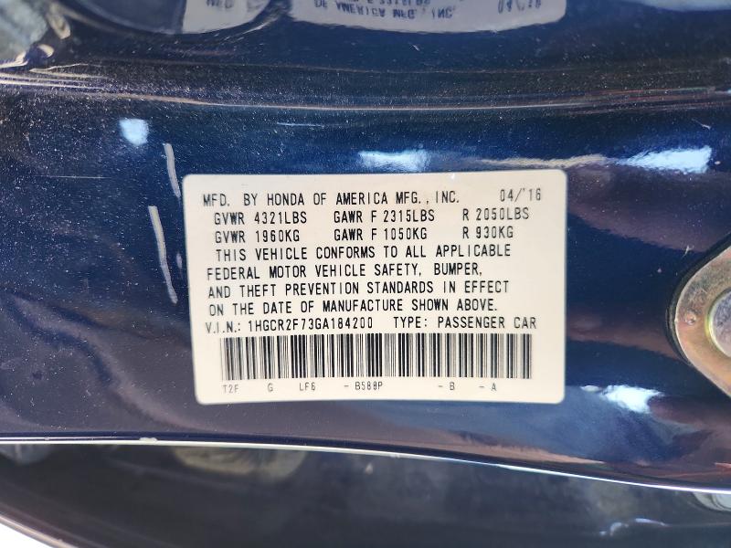 58130826 :رقم المزاد ، 1HGCR2F73GA184200 vin ، 2016 Honda Accord مزاد بيع