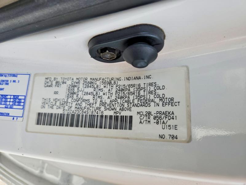 2004 Toyota Sienna მანქანა იყიდება აუქციონზე, vin: 5TDZA23C84S187416, აუქციონის ნომერი: 57442226