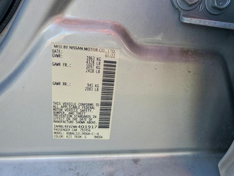 56986586 :رقم المزاد ، 1N4BL4EV2NN401917 vin ، 2022 Nissan Altima مزاد بيع