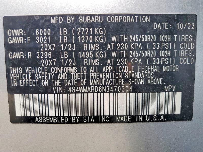 2022 Subaru Ascent მანქანა იყიდება აუქციონზე, vin: 4S4WMARD6N3470304, აუქციონის ნომერი: 58969936