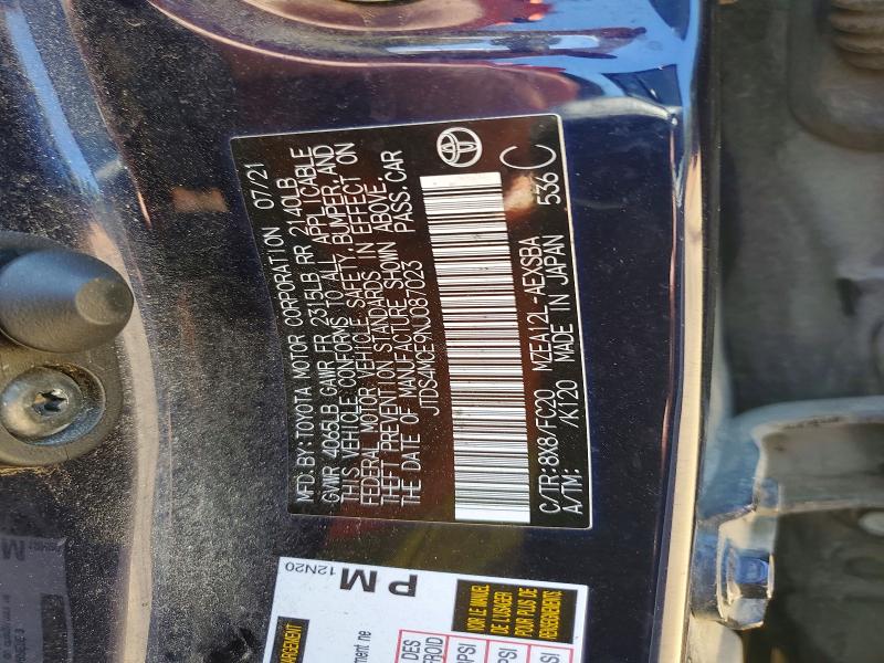 54644046 :رقم المزاد ، JTDS4MCE9NJ087023 vin ، 2022 Toyota Corolla مزاد بيع