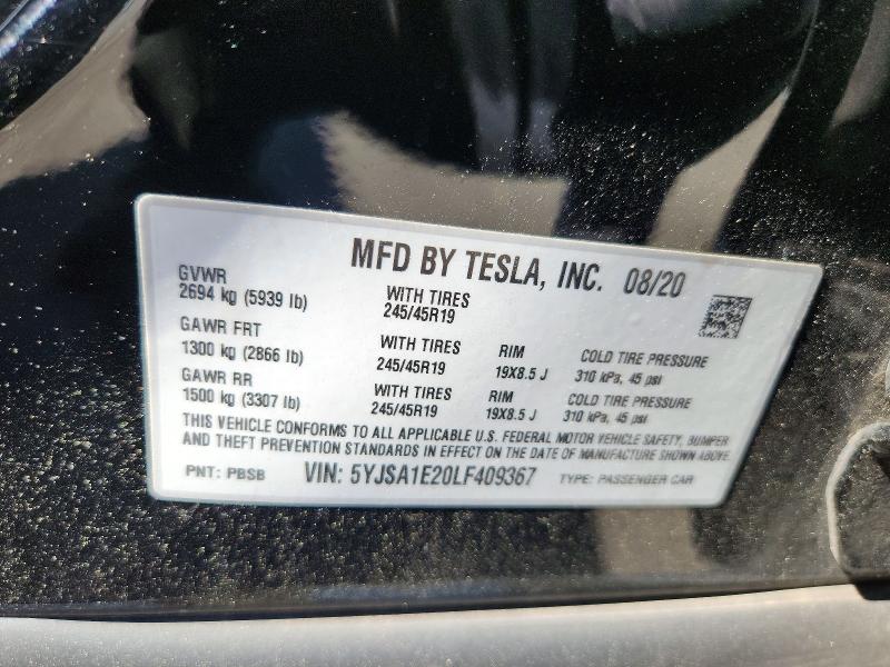 Aukcja sprzedaży 2020 Tesla Model S, vin: 5YJSA1E20LF409367, numer aukcji: 54996056