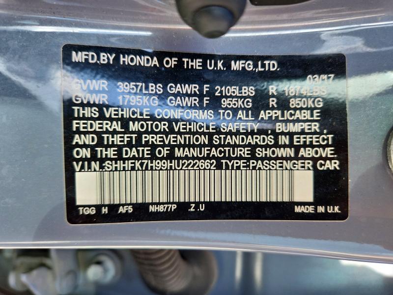 57047746 :رقم المزاد ، SHHFK7H99HU222662 vin ، 2017 Honda Civic مزاد بيع
