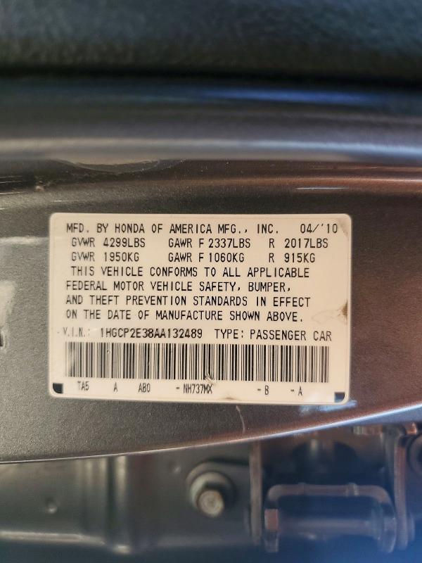Продажа на аукционе авто 2010 Honda Accord, vin: 1HGCP2E38AA132489, номер лота: 57077386