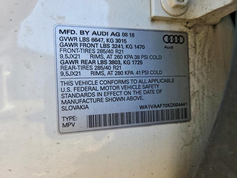 Продажа на аукционе авто 2019 Audi Q7, vin: WA1VAAF70KD004441, номер лота: 56153336