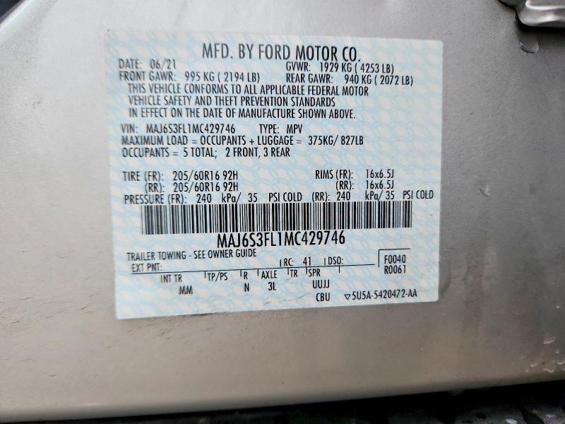 58466756 :رقم المزاد ، MAJ6S3FL1MC429746 vin ، 2021 Ford Ecosport مزاد بيع