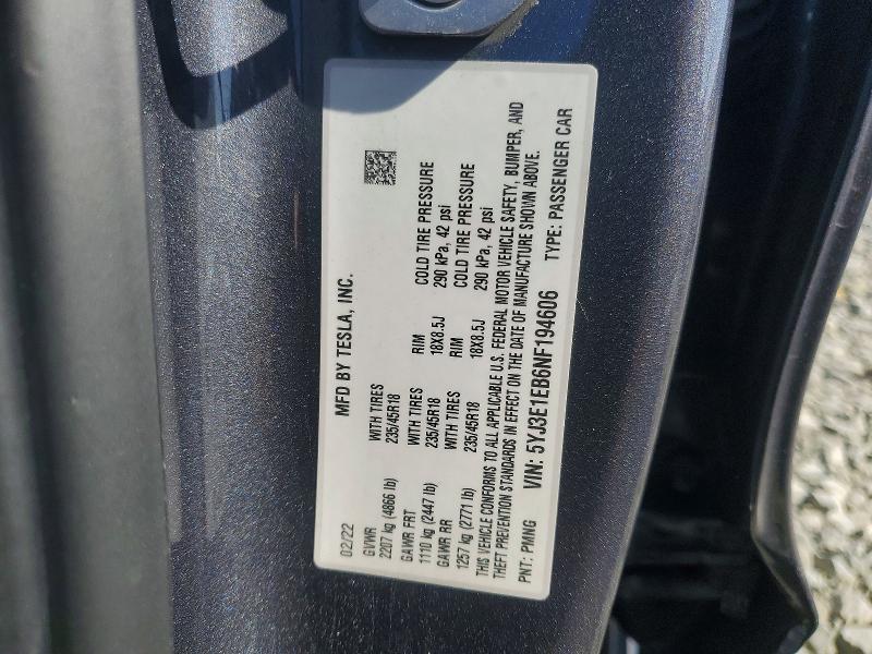 55455106 :رقم المزاد ، 5YJ3E1EB6NF194606 vin ، 2022 Tesla Model 3 مزاد بيع