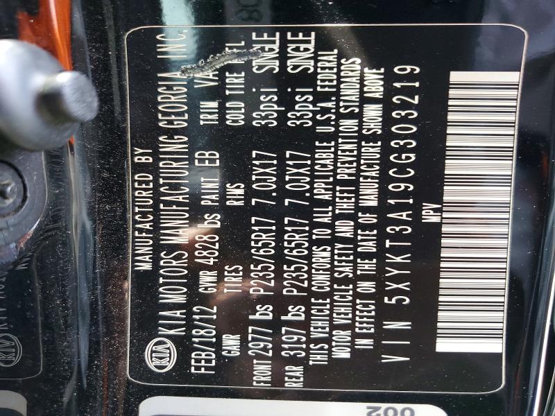 2012 Kia Sorento მანქანა იყიდება აუქციონზე, vin: 5XYKT3A19CG303219, აუქციონის ნომერი: 56692076