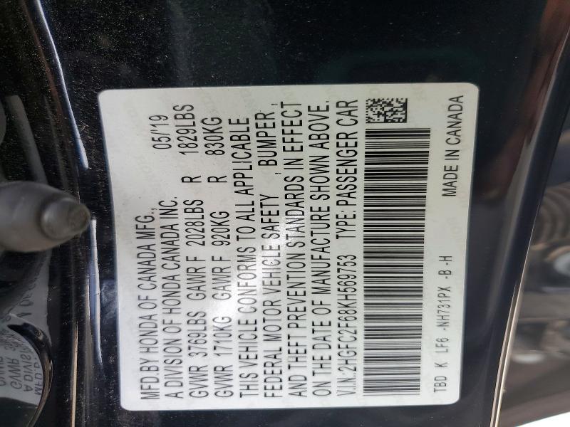 57243486 :رقم المزاد ، 2HGFC2F68KH569753 vin ، 2019 Honda Civic مزاد بيع