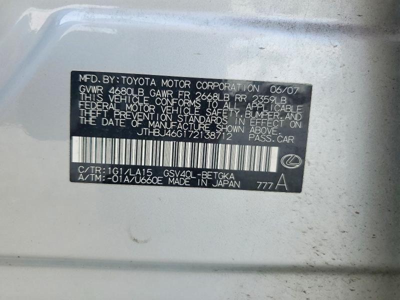 Aukcja sprzedaży 2007 Lexus Es, vin: JTHBJ46G172138712, numer aukcji: 59102586