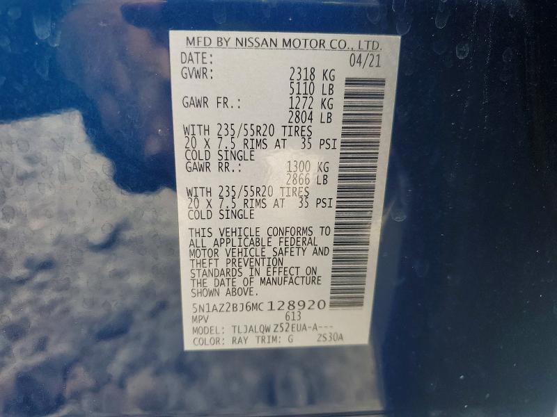 Продажа на аукционе авто 2021 Nissan Murano, vin: 5N1AZ2BJ6MC128920, номер лота: 55862956