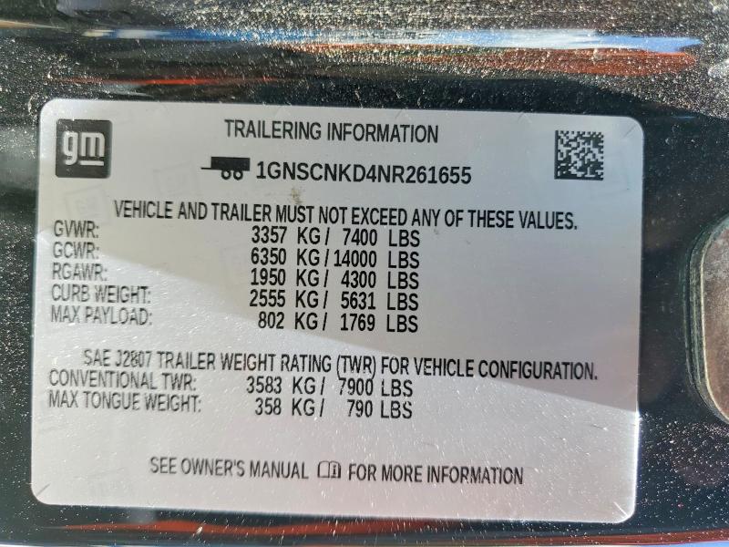 2022 Chevrolet Tahoe მანქანა იყიდება აუქციონზე, vin: 1GNSCNKD4NR261655, აუქციონის ნომერი: 56313236