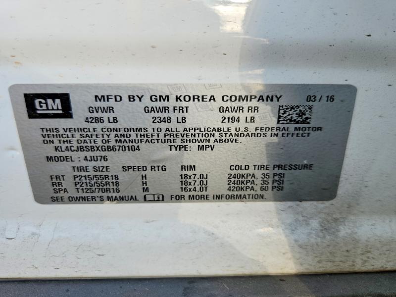 55592716 :رقم المزاد ، KL4CJBSBXGB670104 vin ، 2016 Buick Encore مزاد بيع