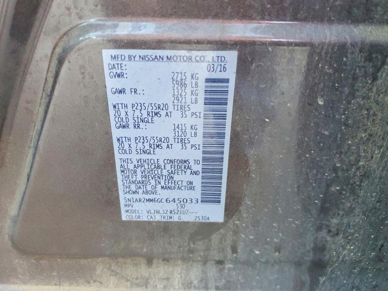 Продажа на аукционе авто 2016 Nissan Pathfinder, vin: 5N1AR2MM6GC645033, номер лота: 56403966