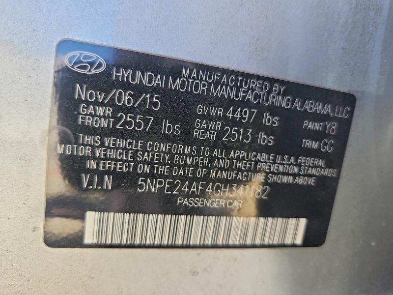58151246 :رقم المزاد ، 5NPE24AF4GH341182 vin ، 2016 Hyundai Sonata مزاد بيع