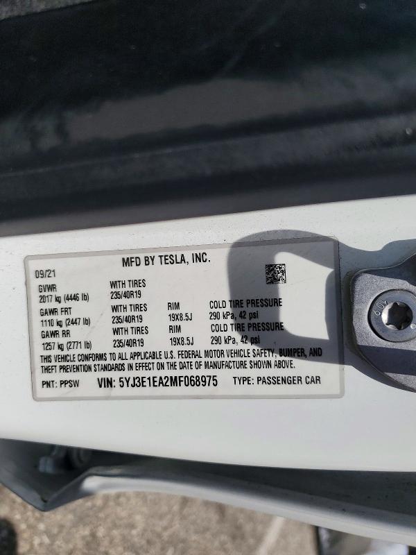 56488756 :رقم المزاد ، 5YJ3E1EA2MF068975 vin ، 2021 Tesla Model 3 مزاد بيع