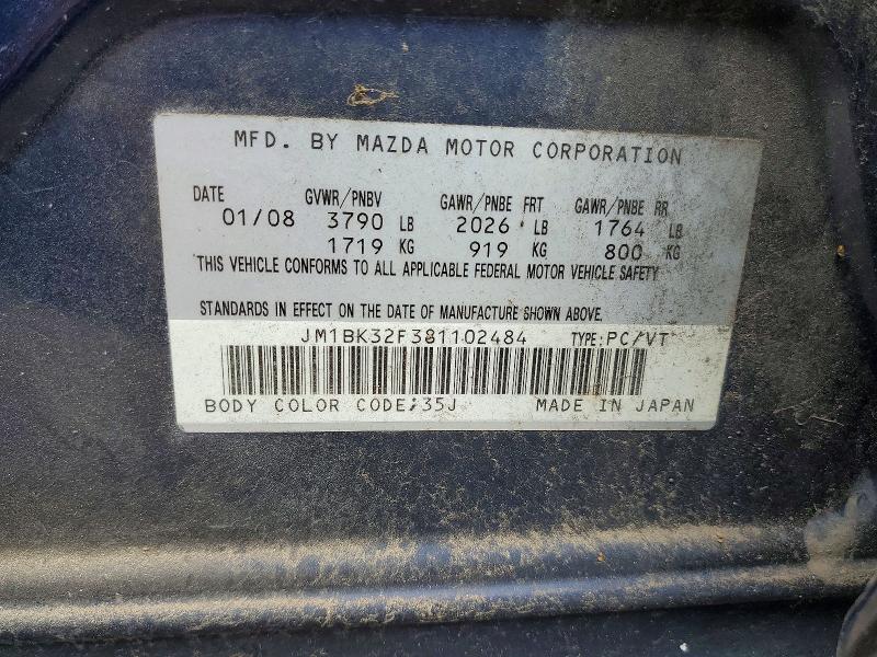 Продаж на аукціоні авто 2008 Mazda 3, vin: JM1BK32F381102484, номер лоту: 56391286