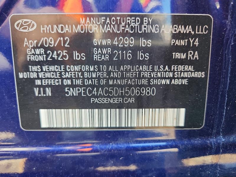 58662656 :رقم المزاد ، 5NPEC4AC5DH506980 vin ، 2013 Hyundai Sonata مزاد بيع