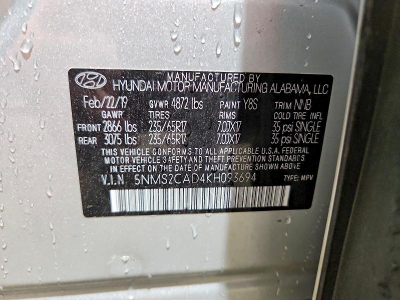 Продаж на аукціоні авто 2019 Hyundai Santa Fe, vin: 5NMS2CAD4KH093694, номер лоту: 58589896