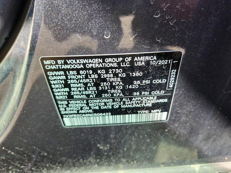 Продажа на аукционе авто 2022 Volkswagen Atlas, vin: 1V2FR2CA6NC506422, номер лота: 59101476