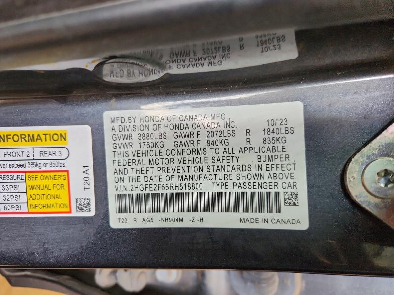 54881316 :رقم المزاد ، 2HGFE2F56RH518800 vin ، 2024 Honda Civic مزاد بيع