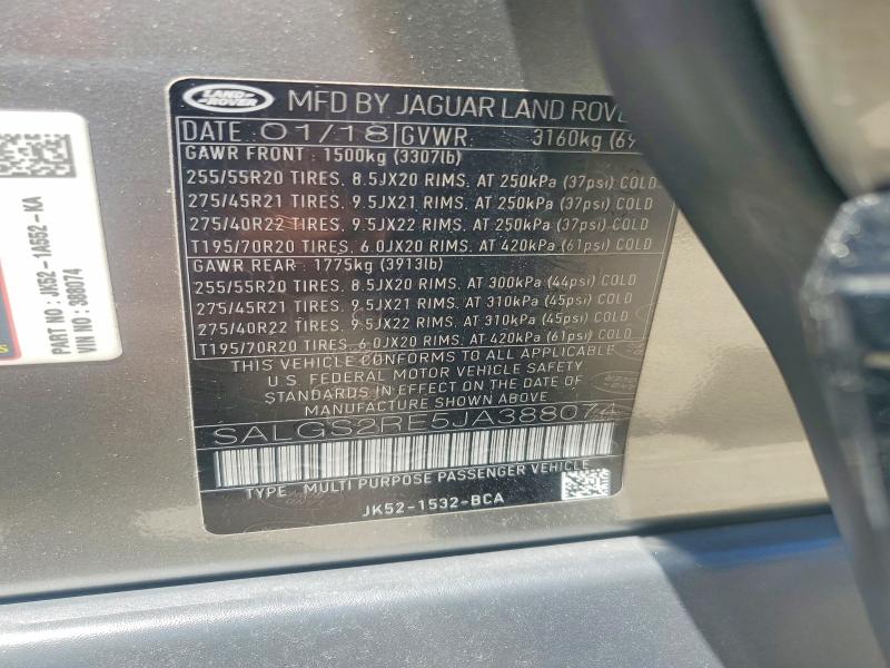 Продаж на аукціоні авто 2018 Land Rover Range Rover, vin: SALGS2RE5JA388074, номер лоту: 57000636