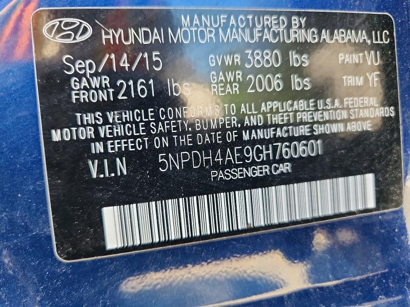 Aukcja sprzedaży 2016 Hyundai Elantra, vin: 5NPDH4AE9GH760601, numer aukcji: 58743036