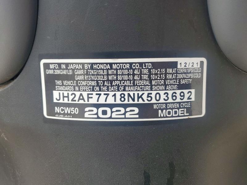 56633036 :رقم المزاد ، JH2AF7718NK503692 vin ، 2022 Honda Ncw50 مزاد بيع