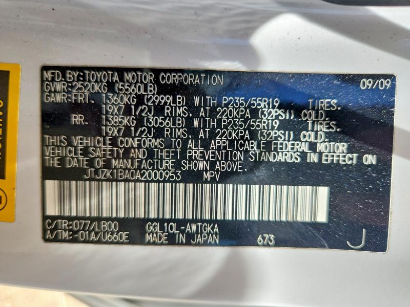 56078236 :رقم المزاد ، JTJZK1BA0A2000953 vin ، 2010 Lexus Rx مزاد بيع