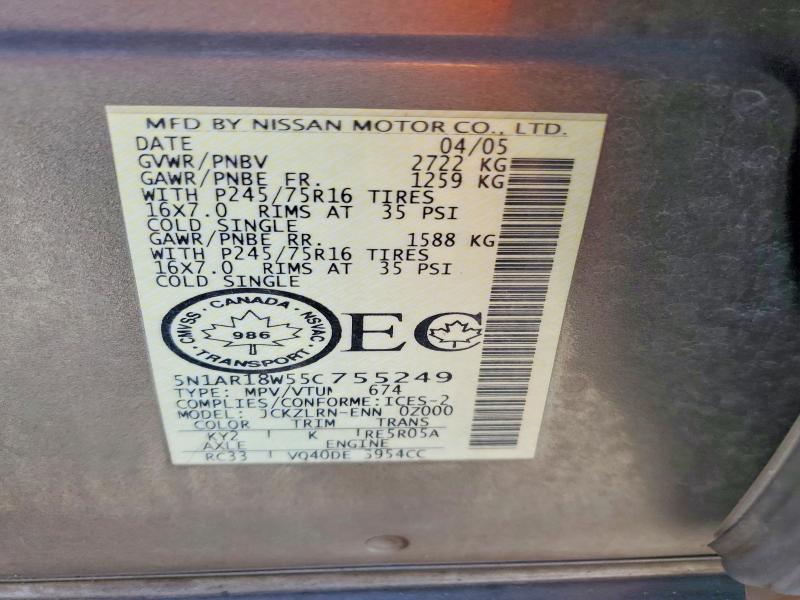 57767326 :رقم المزاد ، 5N1AR18W55C755249 vin ، 2005 Nissan Pathfinder مزاد بيع