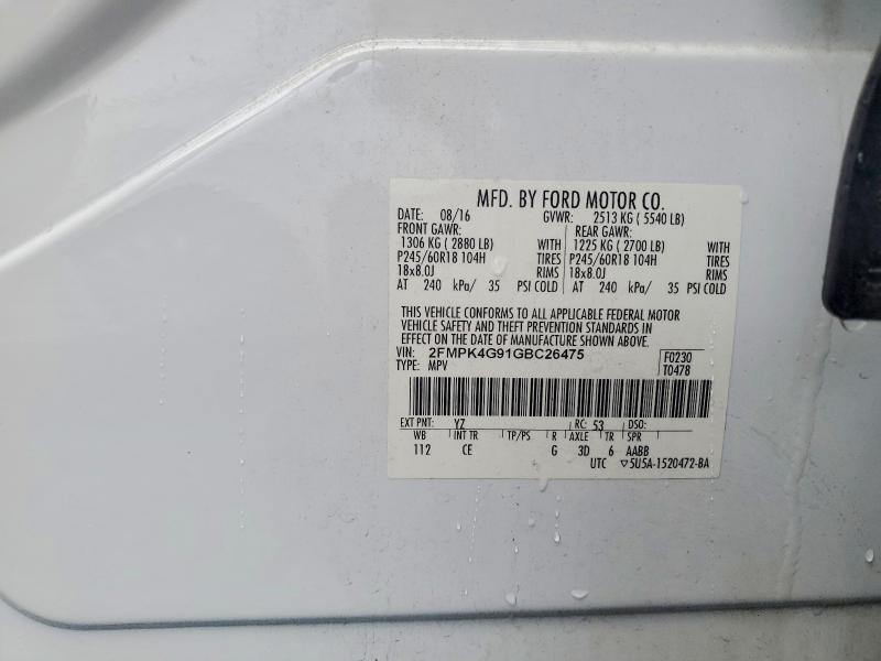 56496666 :رقم المزاد ، 2FMPK4G91GBC26475 vin ، 2016 Ford Edge مزاد بيع