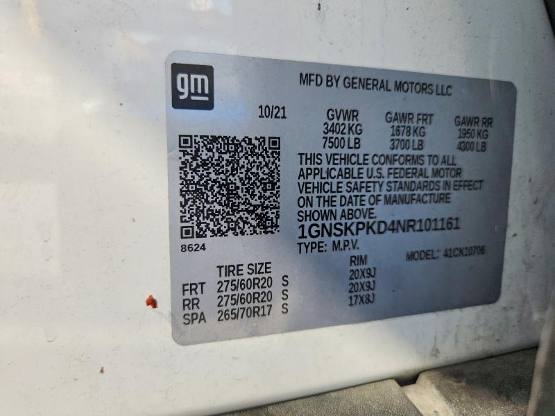 56788316 :رقم المزاد ، 1GNSKPKD4NR101161 vin ، 2022 Chevrolet Tahoe مزاد بيع