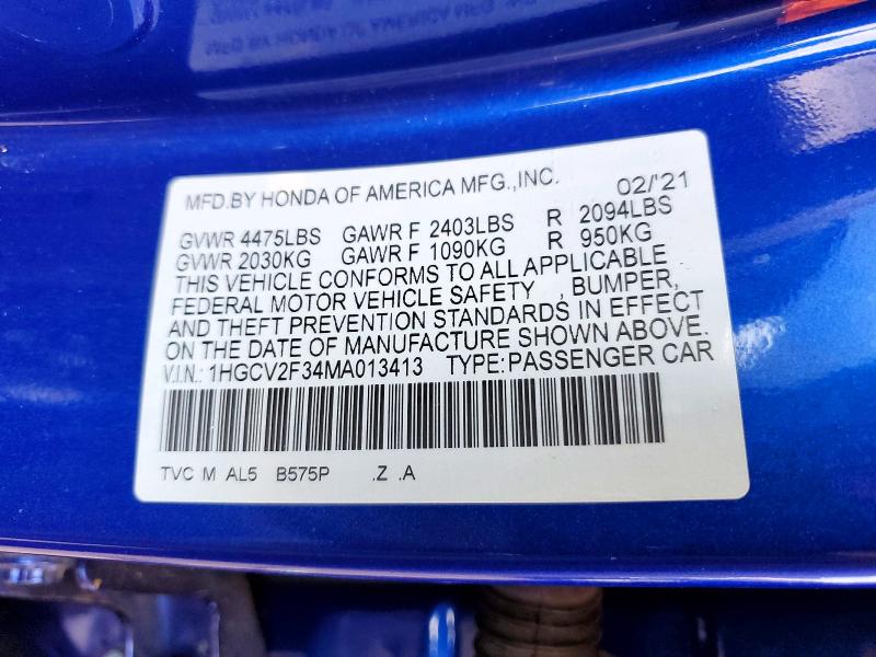 Aukcja sprzedaży 2021 Honda Accord, vin: 1HGCV2F34MA013413, numer aukcji: 57052976