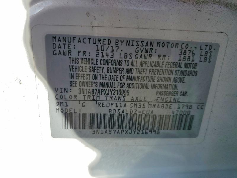 2018 Nissan Sentra მანქანა იყიდება აუქციონზე, vin: 3N1AB7APXJY216998, აუქციონის ნომერი: 57598206