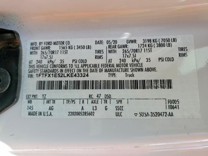 2020 Ford F150 მანქანა იყიდება აუქციონზე, vin: 1FTFX1E52LKE43324, აუქციონის ნომერი: 56495156