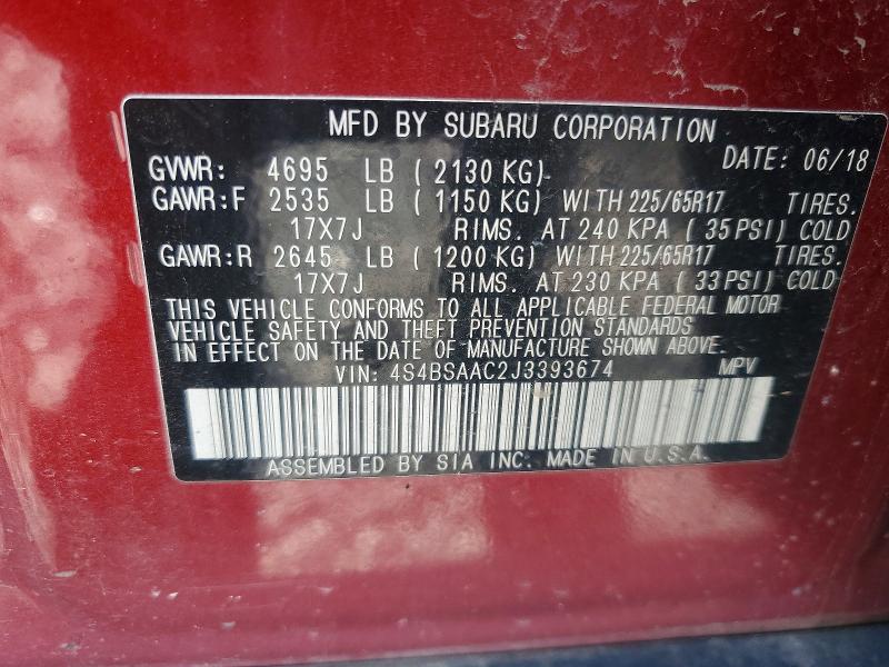 55772616 :رقم المزاد ، 4S4BSAAC2J3393674 vin ، 2018 Subaru Outback مزاد بيع