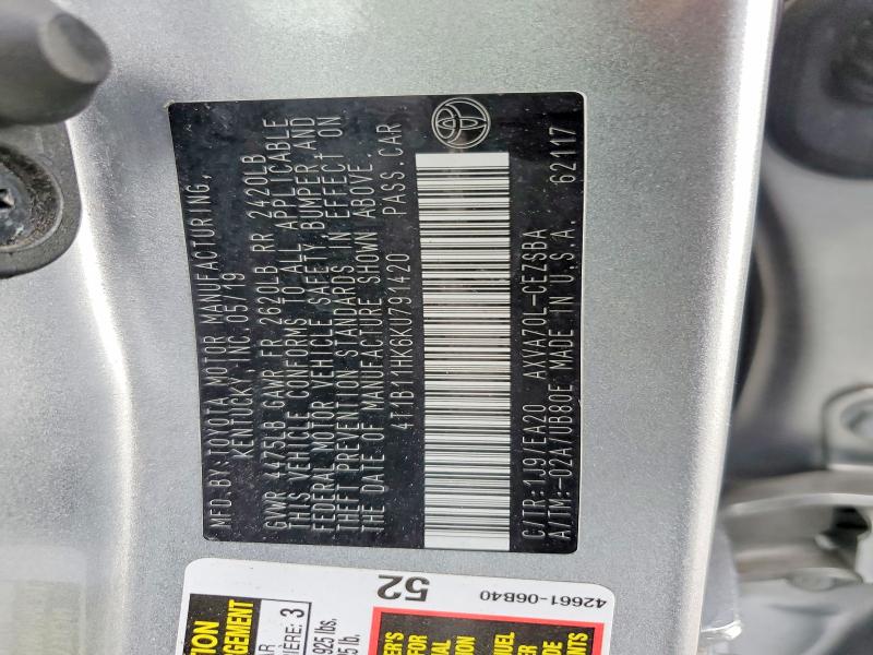 2019 Toyota Camry მანქანა იყიდება აუქციონზე, vin: 4T1B11HK6KU791420, აუქციონის ნომერი: 58989526