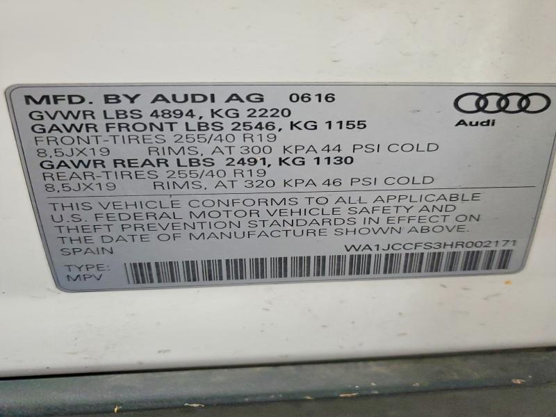 55422446 :رقم المزاد ، WA1JCCFS3HR002171 vin ، 2017 Audi Q3 مزاد بيع