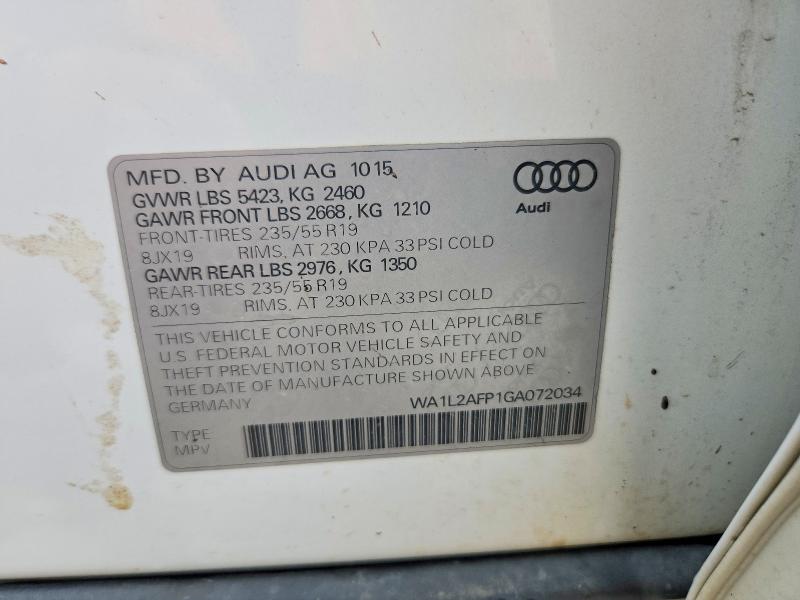 2016 Audi Q5 მანქანა იყიდება აუქციონზე, vin: WA1L2AFP1GA072034, აუქციონის ნომერი: 55900366