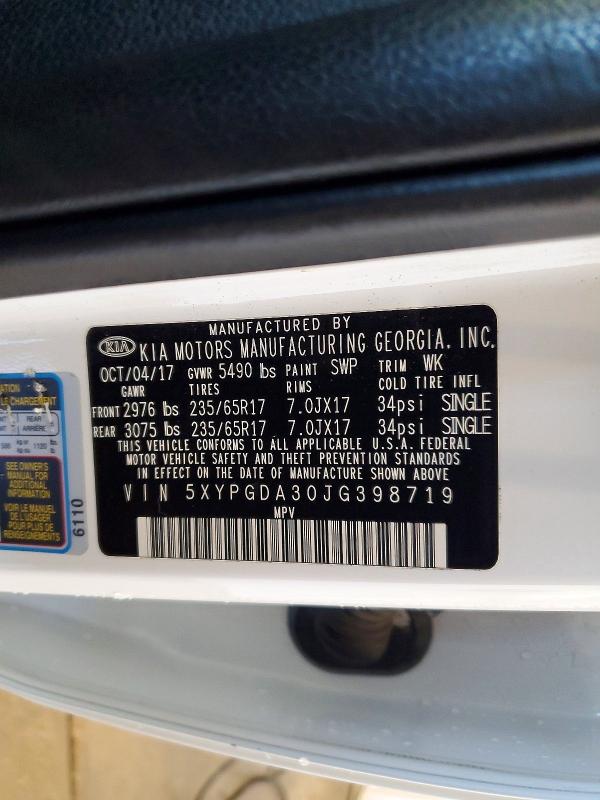 55735646 :رقم المزاد ، 5XYPGDA30JG398719 vin ، 2018 Kia Sorento مزاد بيع