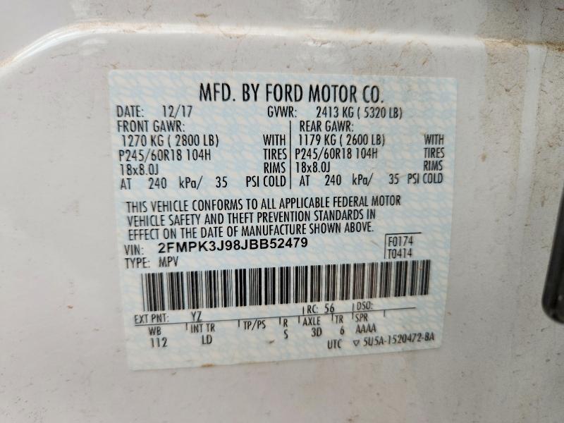 58844446 :رقم المزاد ، 2FMPK3J98JBB52479 vin ، 2018 Ford Edge مزاد بيع