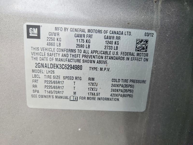 Aukcja sprzedaży 2012 Chevrolet Equinox, vin: 2GNALDEK3C6294980, numer aukcji: 58051626