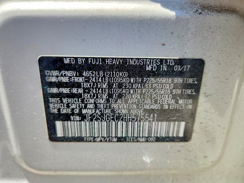 2017 Subaru Forester მანქანა იყიდება აუქციონზე, vin: JF2SJGEC2HH575541, აუქციონის ნომერი: 56134326
